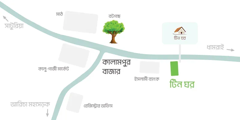 কালামপুর বাজারে টিন ঘরের অবস্থান — ইসলামী ব্যাংকের পূর্ব পাশে, আরিচা মহাসড়ক থেকে
